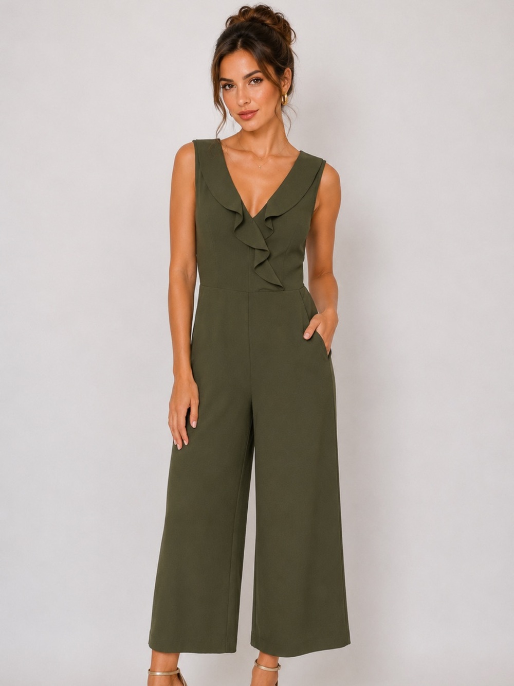 Spense Olive Green Jumpsuit with Ruffle Detail